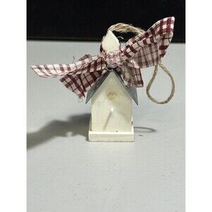 Bird House Christmas Xmas Ornament W/ Metal Roof & Ribbon Bow